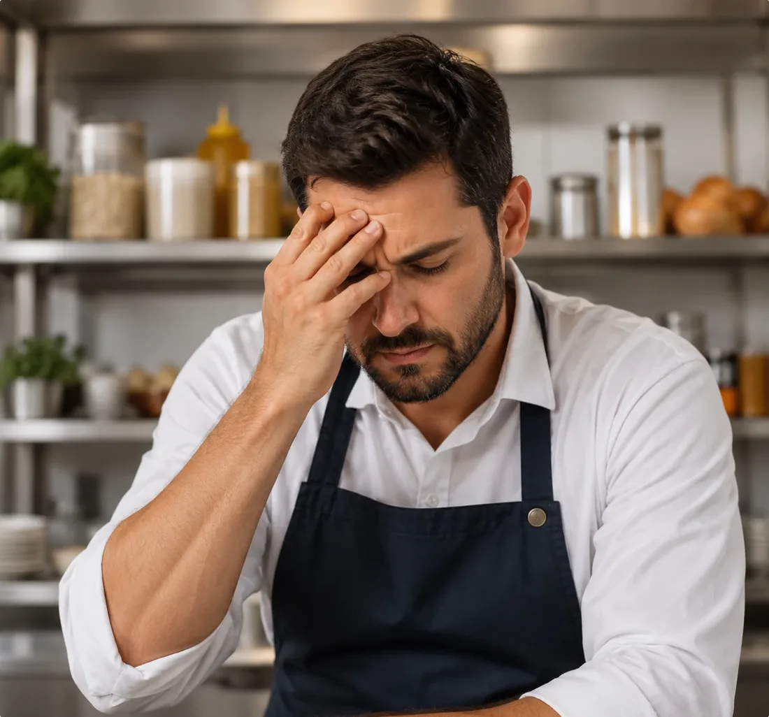 Dueño de un restaurante con la mano en la frente, preocupado, frente a los estantes de su cocina